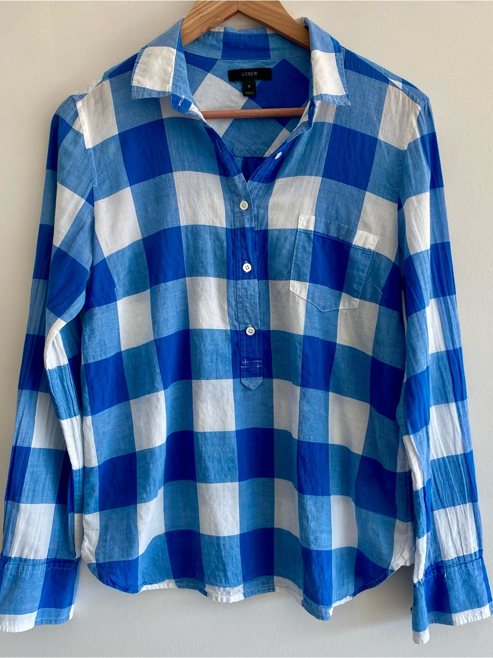 J.Crew Blue White Buffalo Plaid Popover Henley Top Shirt, size 6